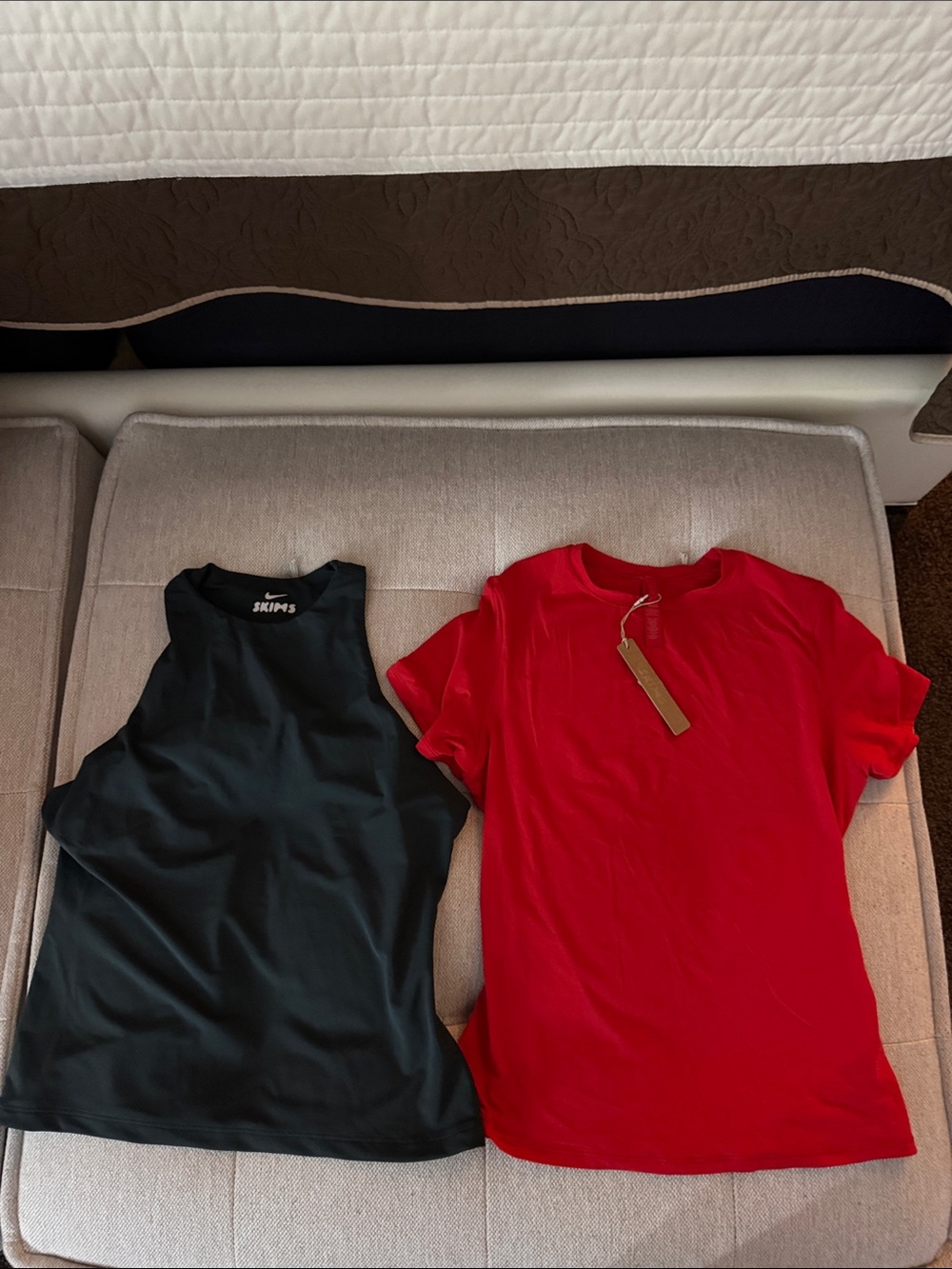 Skims Women's Red Crewneck Tee and Dark Green Sleeveless built-in bra Top Set